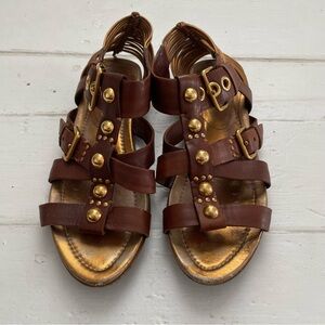 Mui Mui Brown Leather Gladiator Sandals with Gold Accents